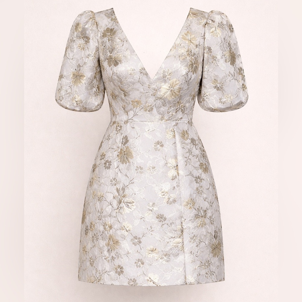 Mac Duggal Silver Gold Puff Sleeve V Neck Mini Brocade Dress 49621 NWT Size 8